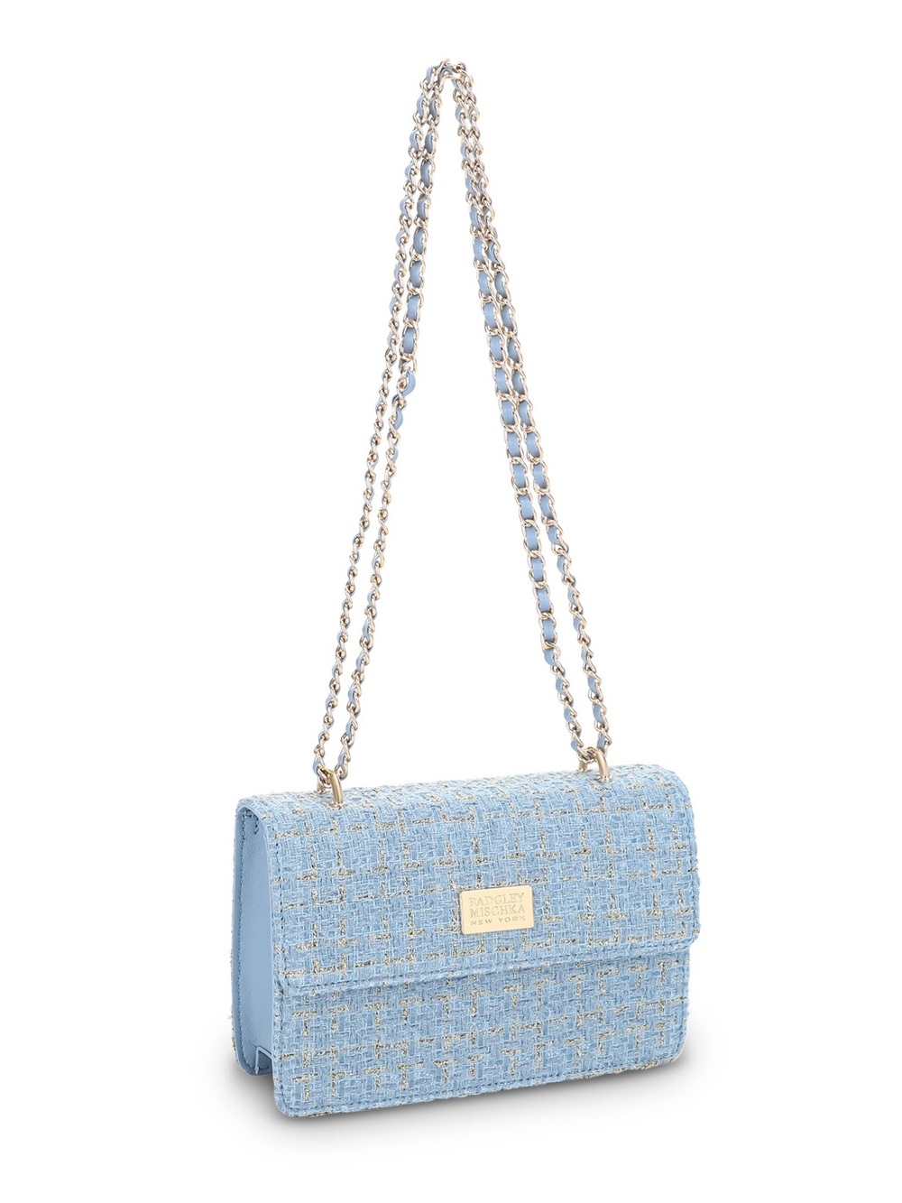 Badgley Mischka Light Blue Tweed Chain Crossbody with Gold Hardware